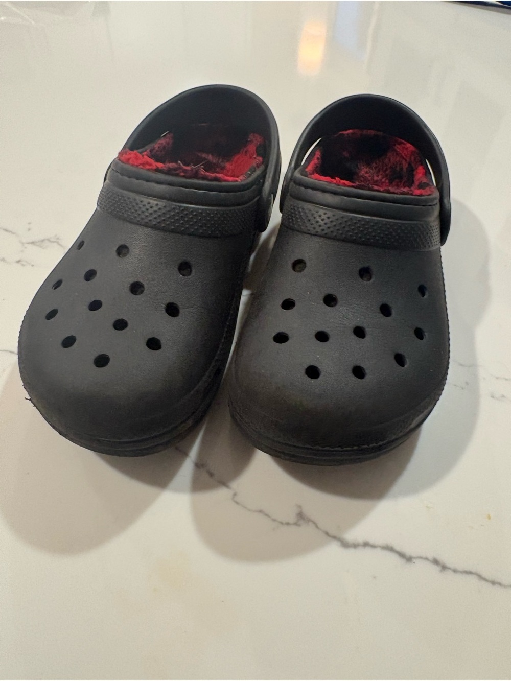 CROCS Kids Black Clog with Red Fleece Lining